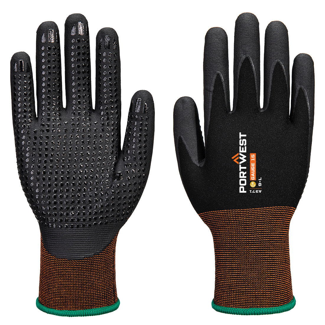 Portwest GP Grip 15 Nitrile Micro Foam Dotted Glove in Black, main product image