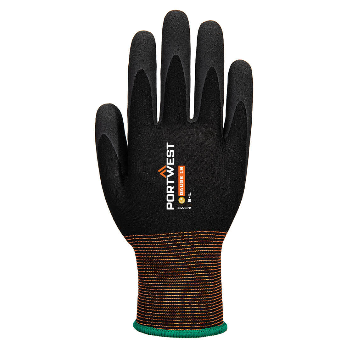 Portwest A373 GP Grip 18 Latex Sandy Glove in Black, back view