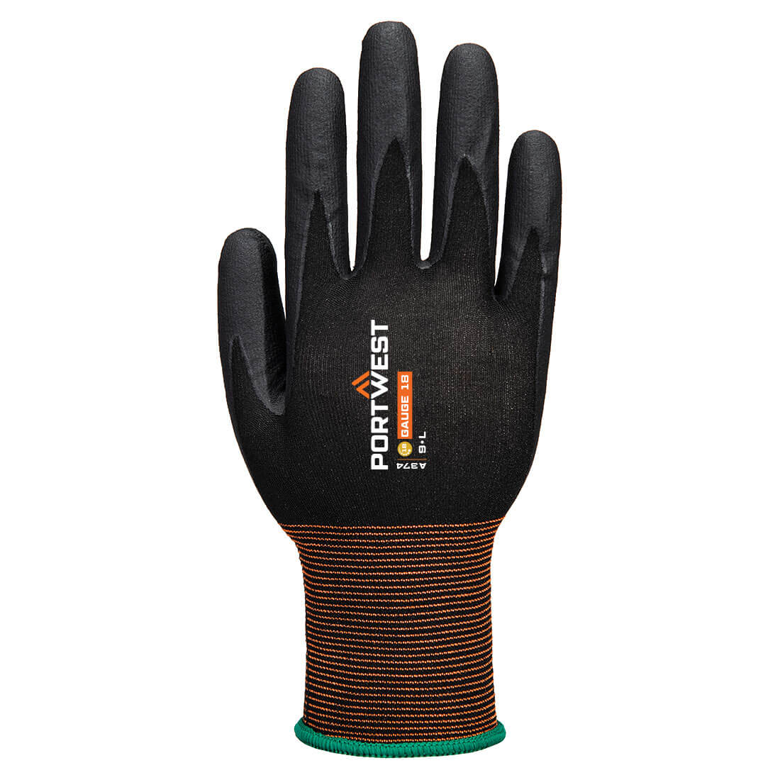 Portwest A374 GP Grip 18 Nitrile Micro Foam Glove in Black, back view