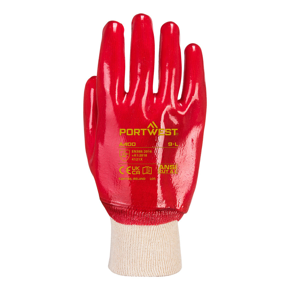 Portwest A400 Grip PVC Knitwrist in Red, back view