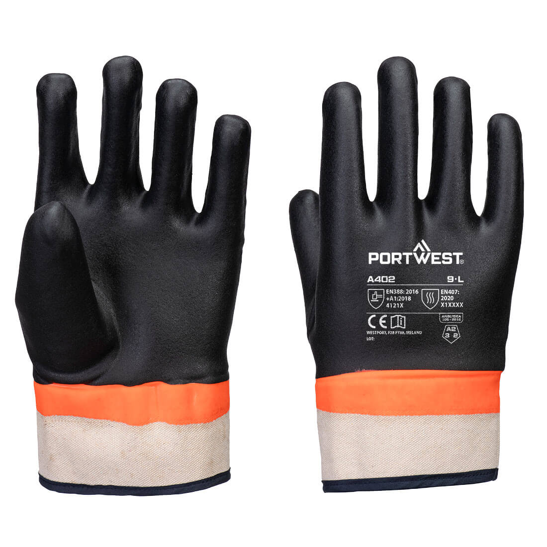 Portwest Grip PVC Sandy Double Dipped Glove in Black/Orange, main product image