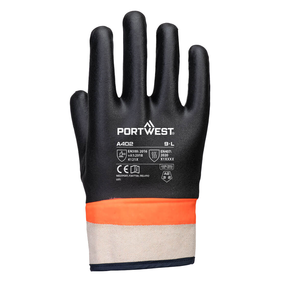 Portwest A402 Grip PVC Sandy Double Dipped Glove in Black/Orange, back view