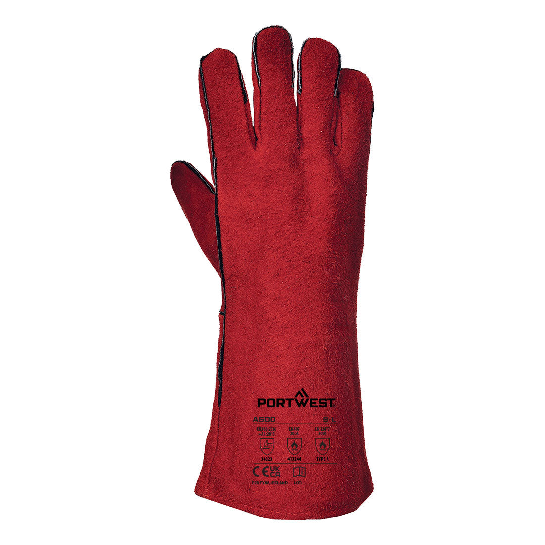 Portwest A500 Welders 210 Split Leather Red Gauntlet in Red, back view