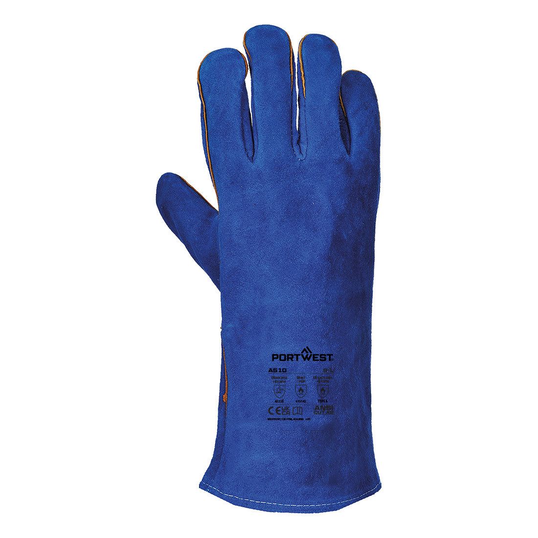 Portwest A510 Welders 210 Split Leather Blue Gauntlet in Blue, back view
