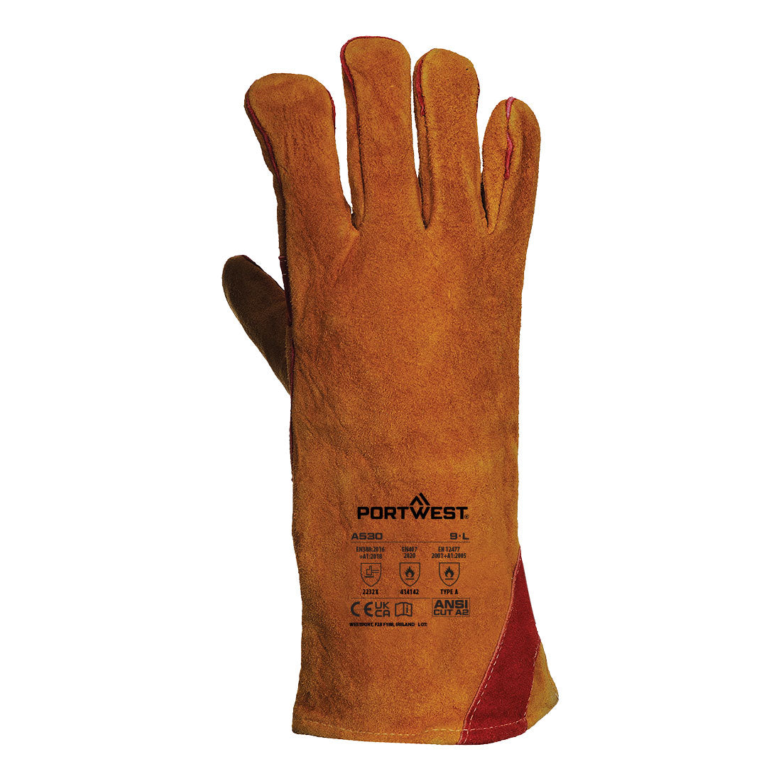 Portwest A530 Welders 330 Split Leather Reinforced Palm Gauntlet in Brown, back view