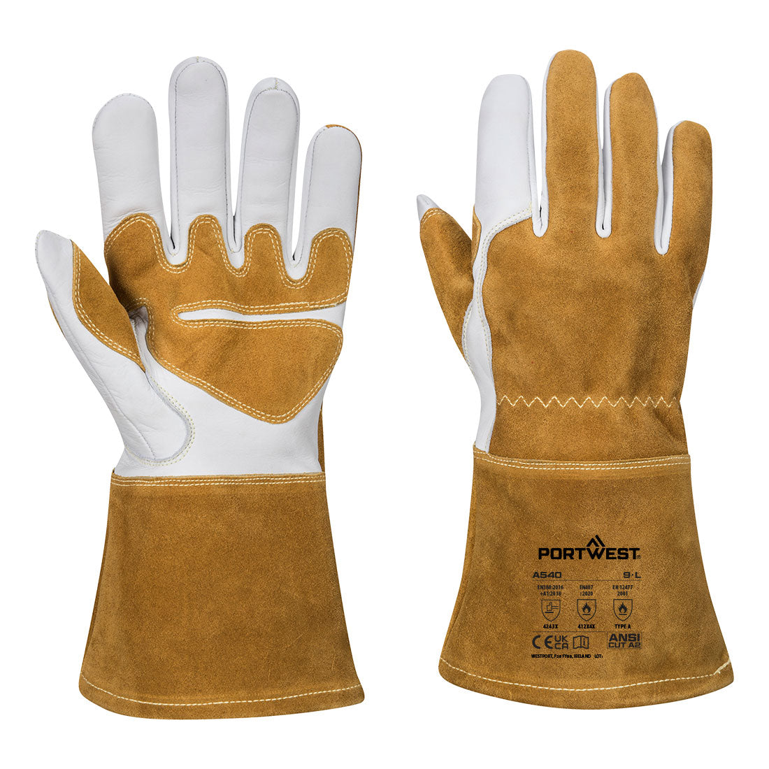 Portwest MIG Welders 320 Grain Leather Reinforced Gauntlet in Brown, main product image