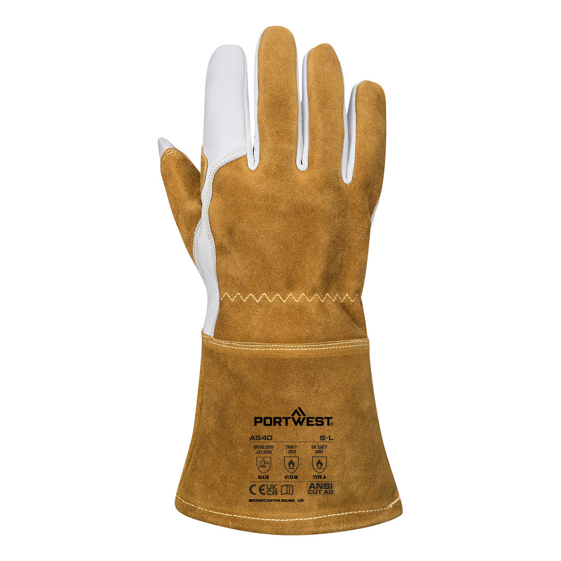 Portwest A540 MIG Welders 320 Grain Leather Reinforced Gauntlet in Brown, back view