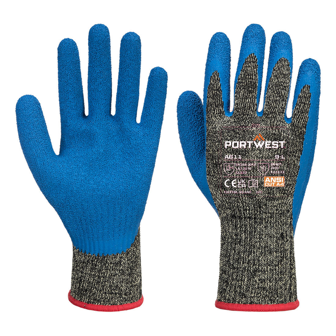 Portwest Cut D10 Latex Aramid Glove in Black/Blue, main product image