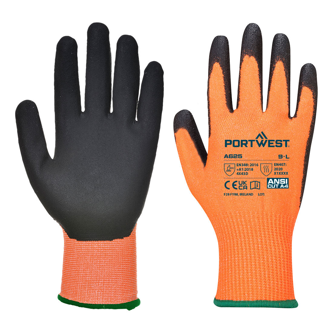 Portwest Cut D13 PU Viz-Tex Glove in Orange/Black, main product image