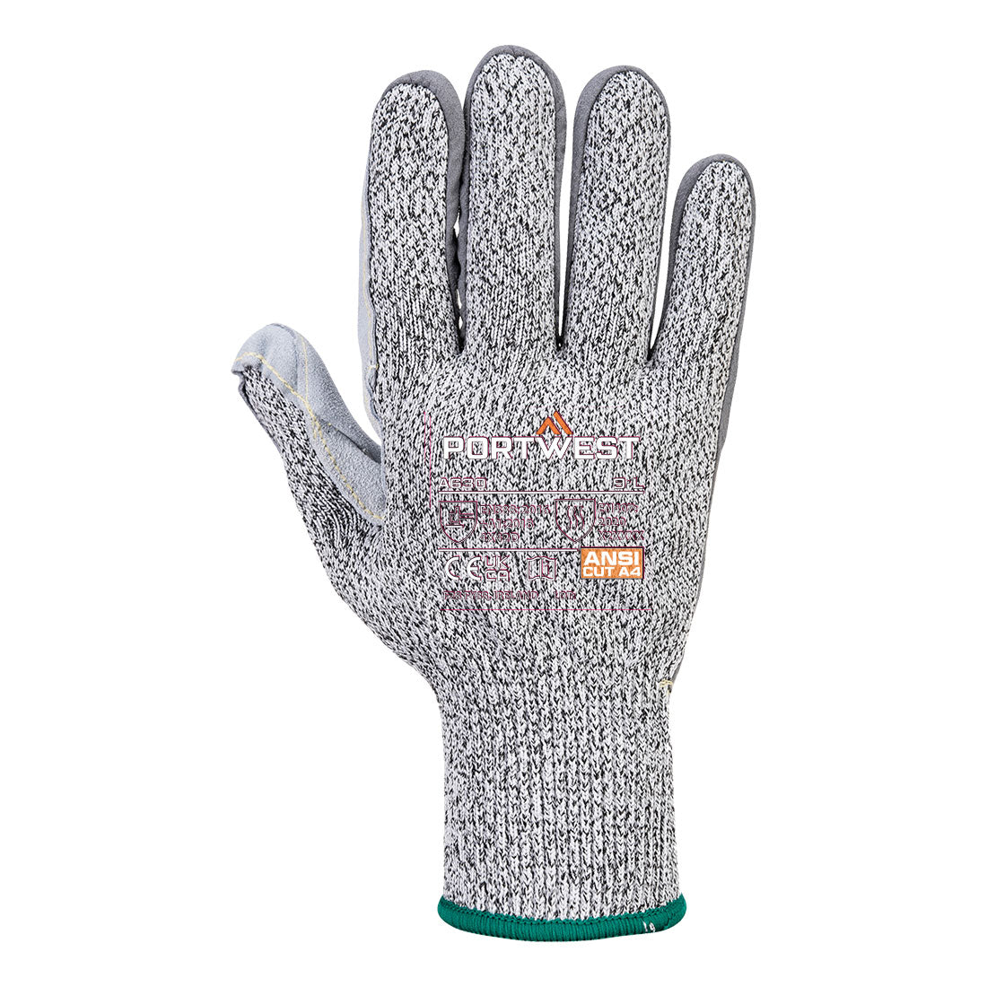 Portwest A630 Cut D13 Leather Palm Glove in Grey, back view