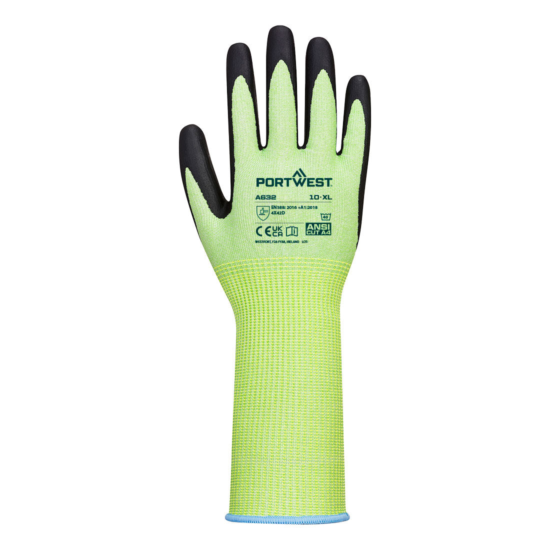 Portwest A632 Cut D13 Nitrile Green Long Cuff Glove in Green/Black, back view