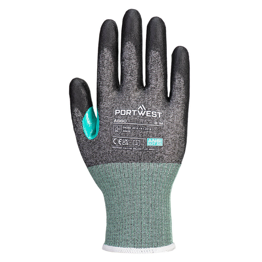 Portwest A660 CS Cut E18 PU Glove in Black, back view