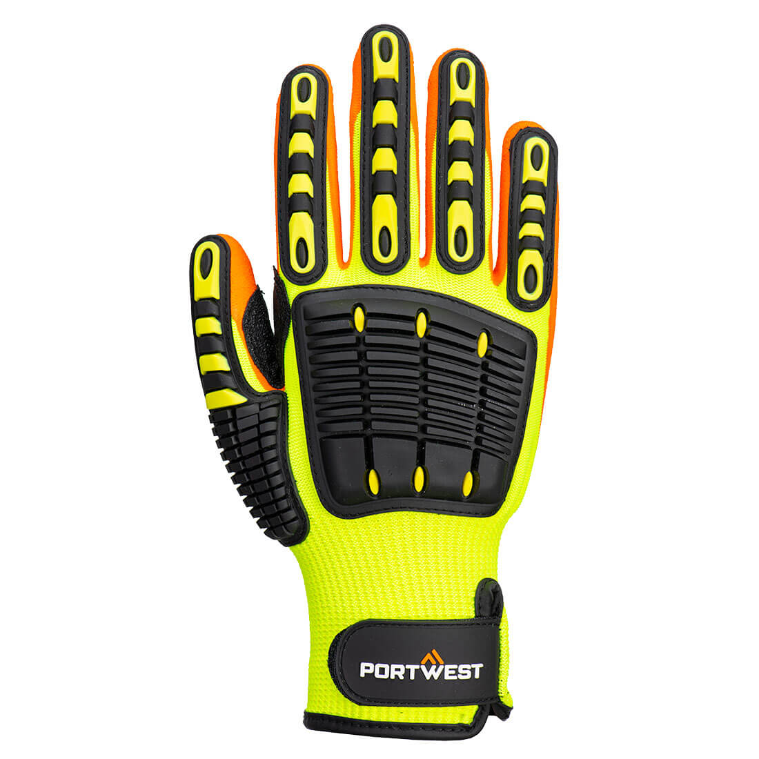 Portwest A721 Impact 13 Nitrile Reinforced Palm Glove in Yellow/Orange, back view