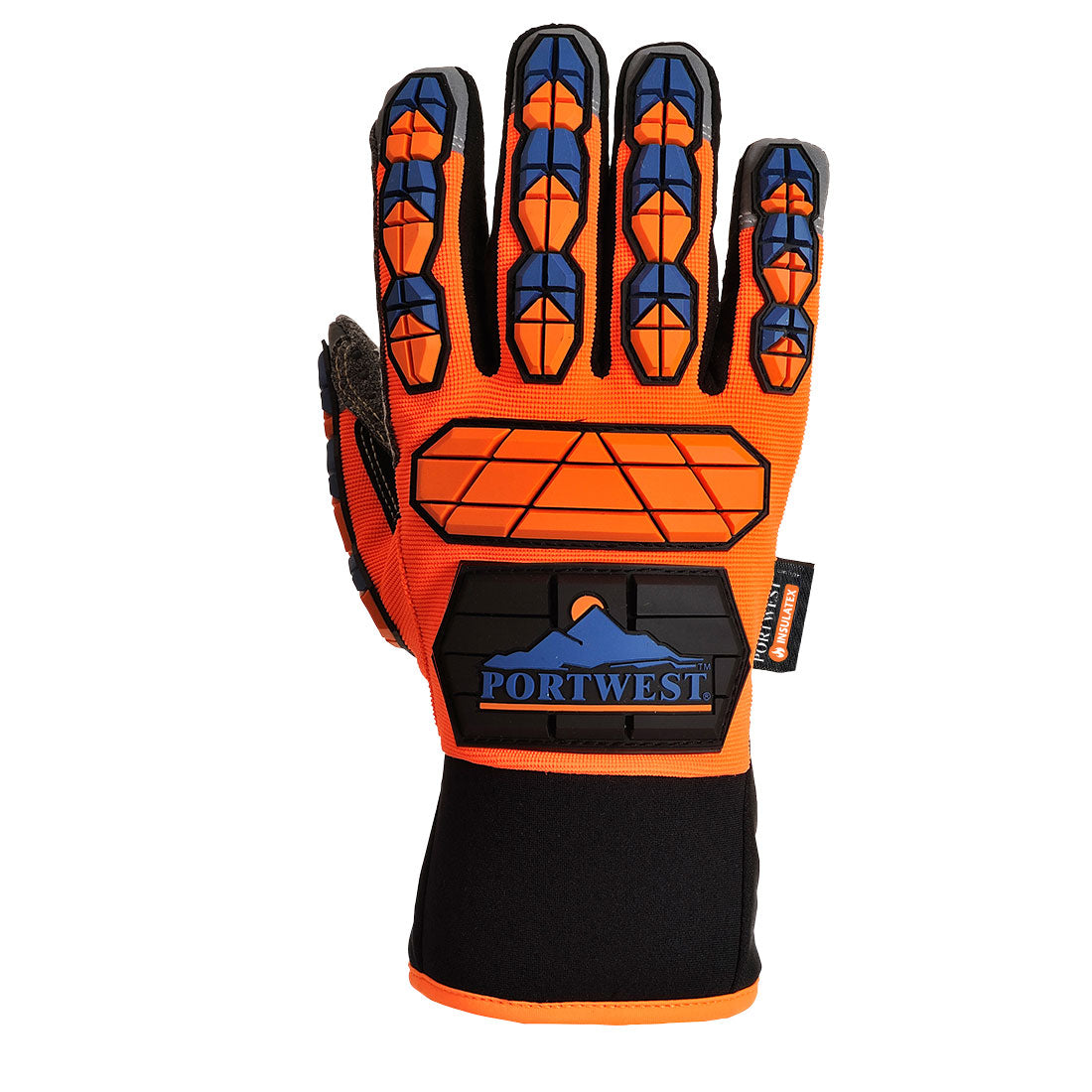 Portwest A726 Impact B205 Waterproof Dotted Palm Glove in Orange/Blue, back view
