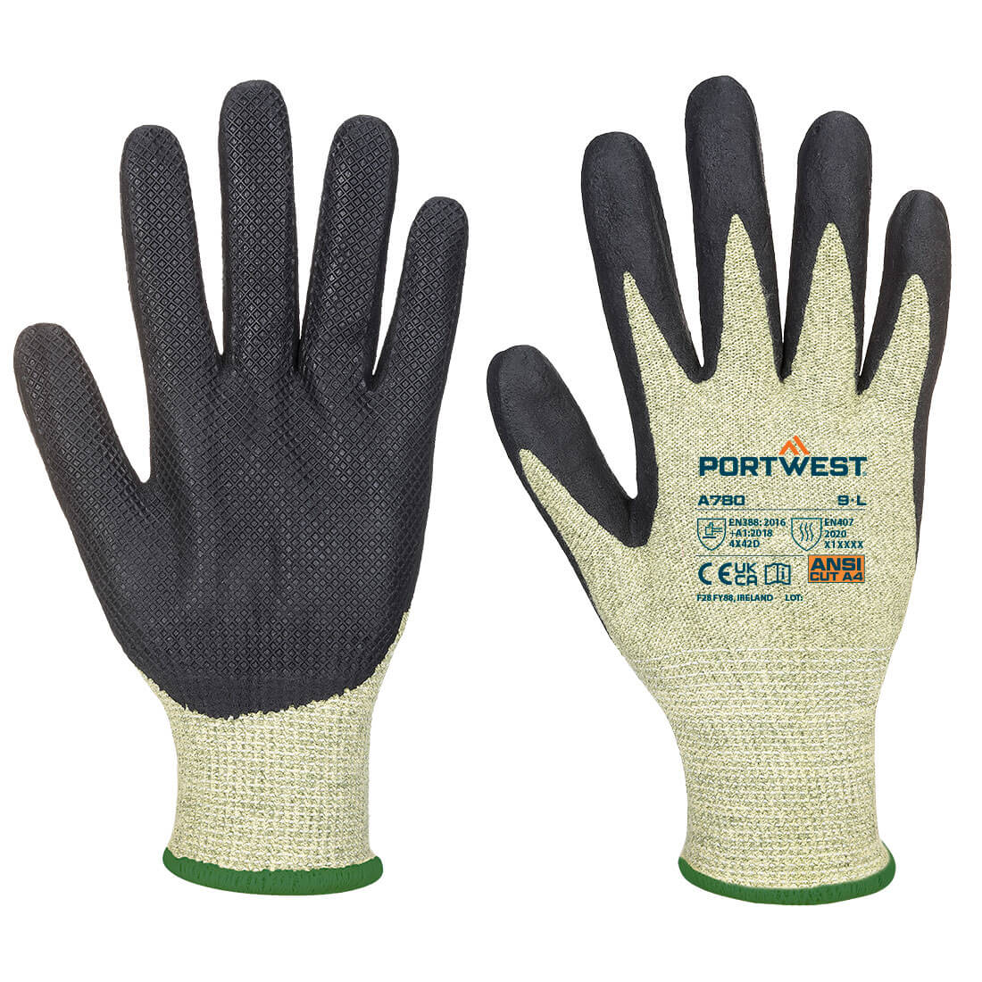 Portwest FR Arc Cut D13 Level 2 Glove in Green/Black, main product image