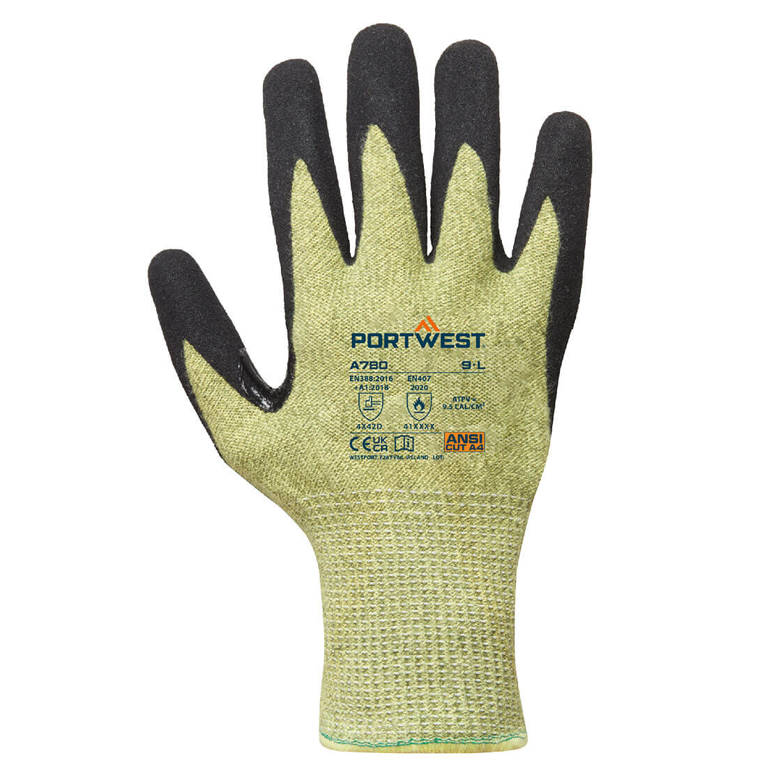 Portwest A780 FR Arc Cut D13 Level 2 Glove in Green/Black, back view