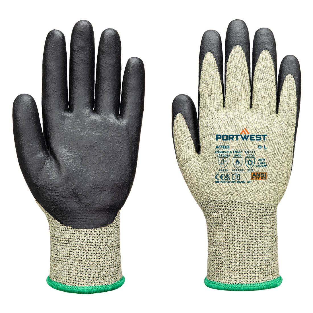 Portwest FR Arc Cut F13 Level 3 Glove in Green/Black, main product image