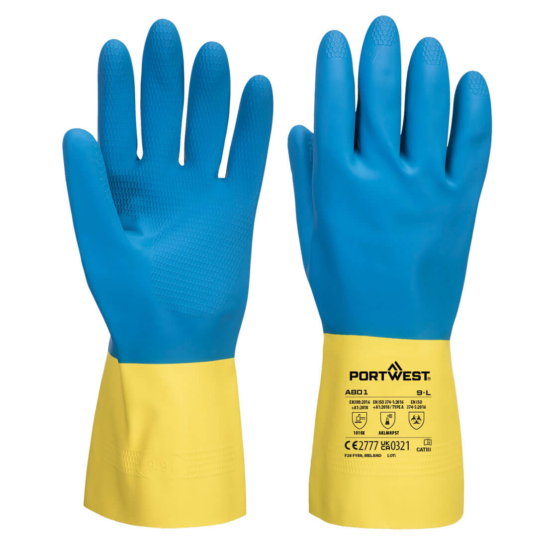 Portwest Chem 300 Latex Double Dipped Gauntlet in Yellow/Blue, main product image