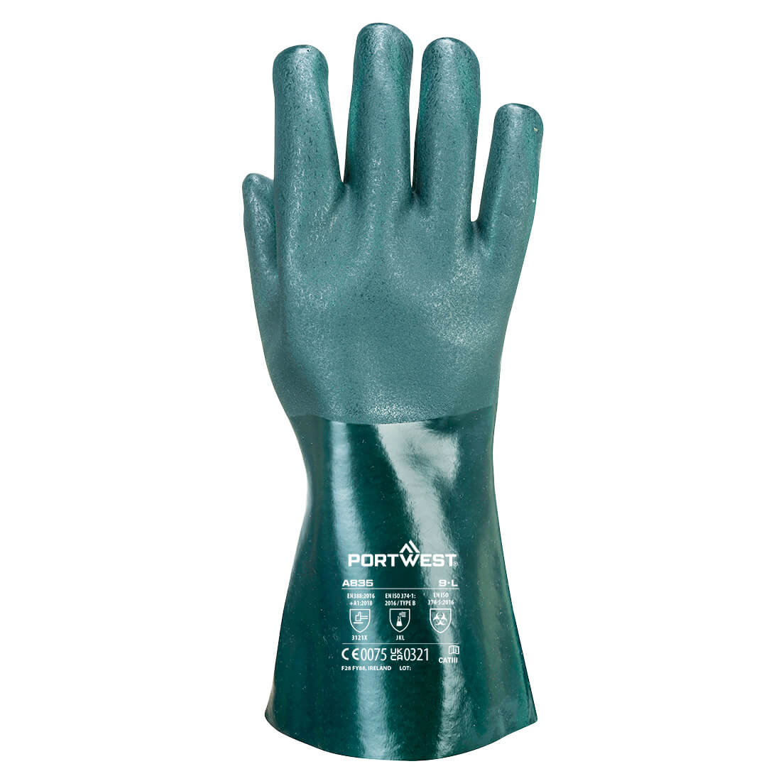 Portwest A835 Chem 350 PVC Double Dipped Gauntlet in Green, back view