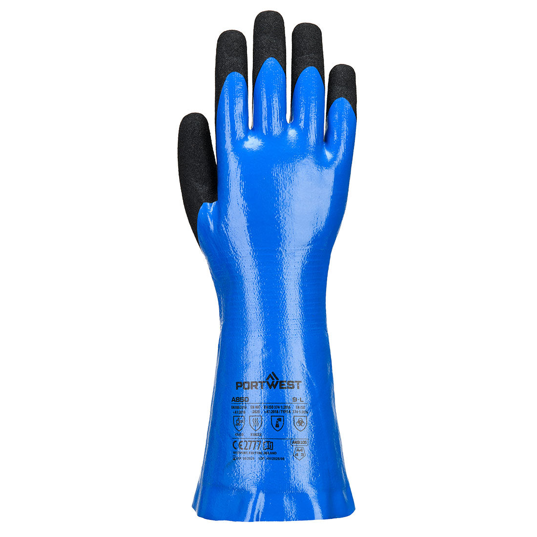 Portwest A850 Chem Cut D 350 Nitrile Sandy Gauntlet in Blue/Black, back view