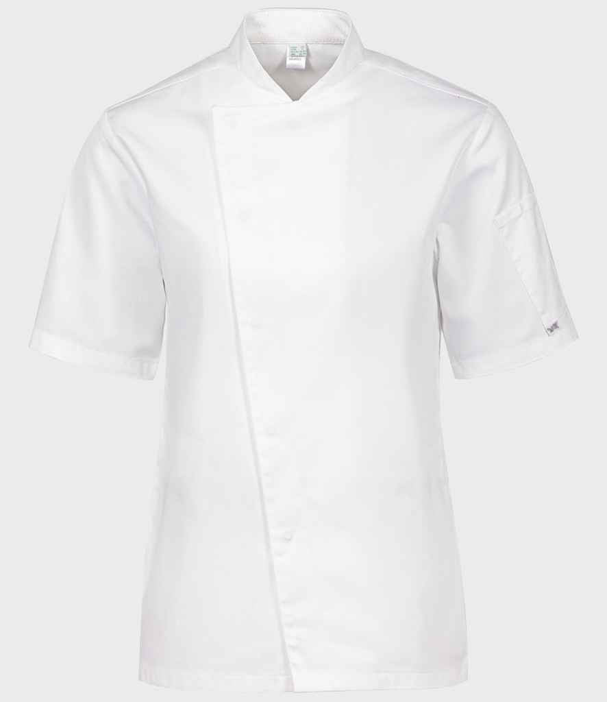 ADC Short Sleeve Asymmetric Chef's Jacket in White, front view