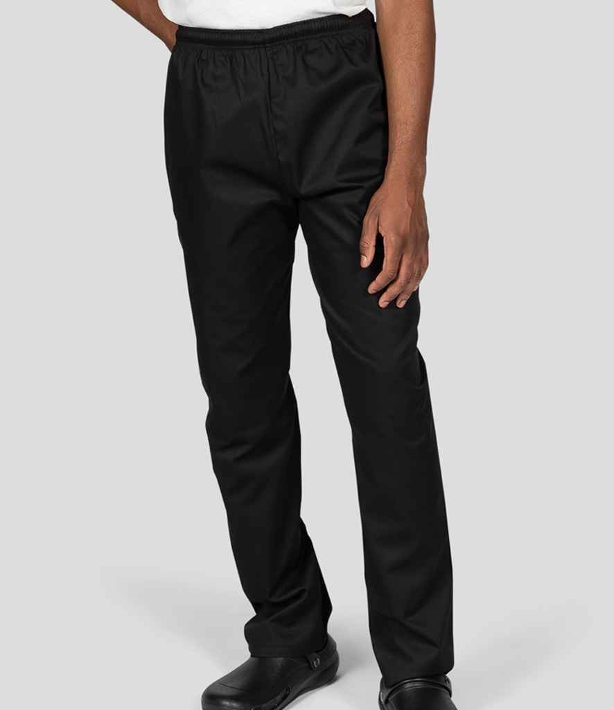 Dennys Elasticated Chef's Trousers in Black, front view