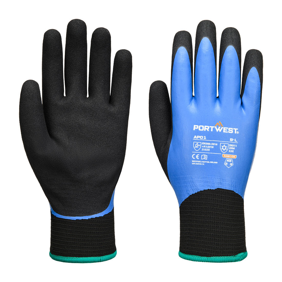Portwest Cold 13 Latex Aqua Glove in Blue/Black, main product image