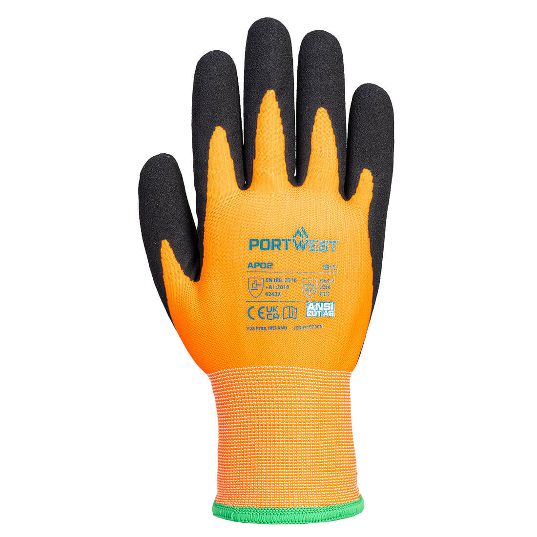 Portwest AP02 Cold 10 Nitrile Sandy Liquid Repellent Glove in Orange/Black, back view