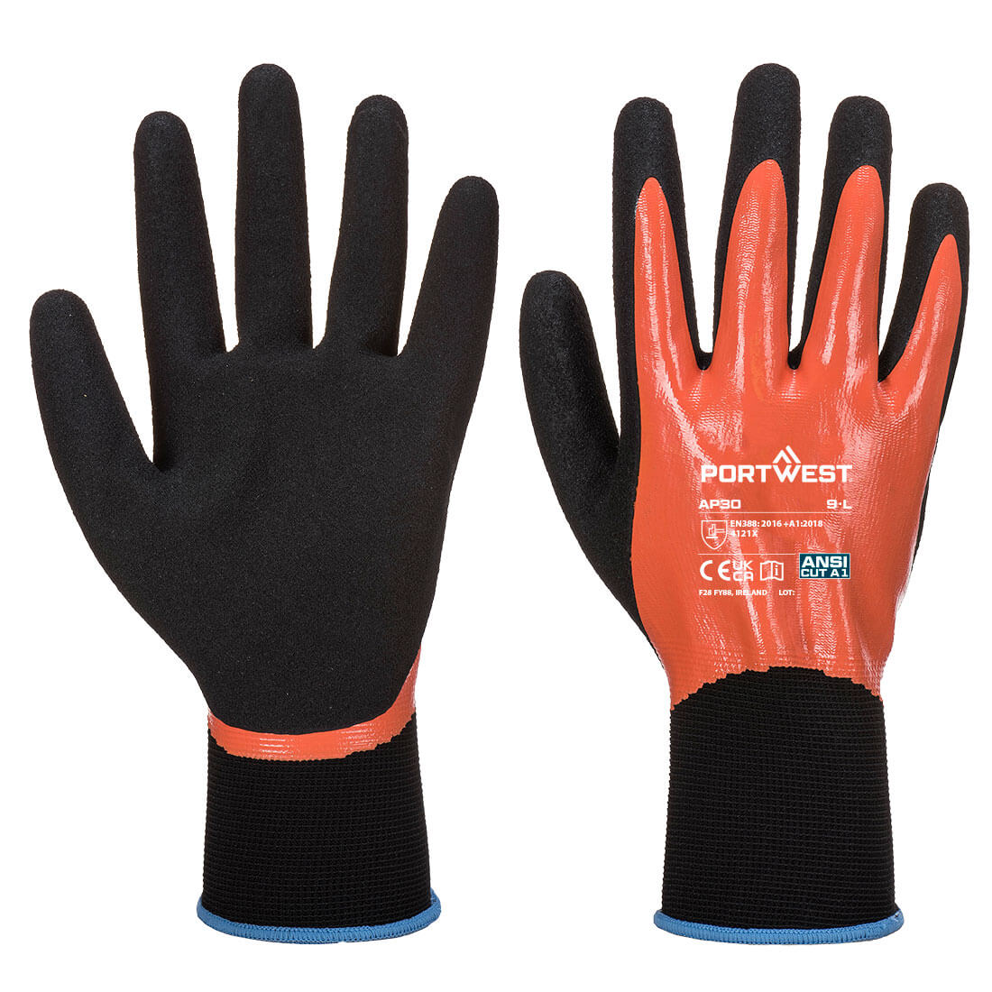 Portwest Grip 13 Nitrile Foam Aqua Glove in Orange/Black, main product image