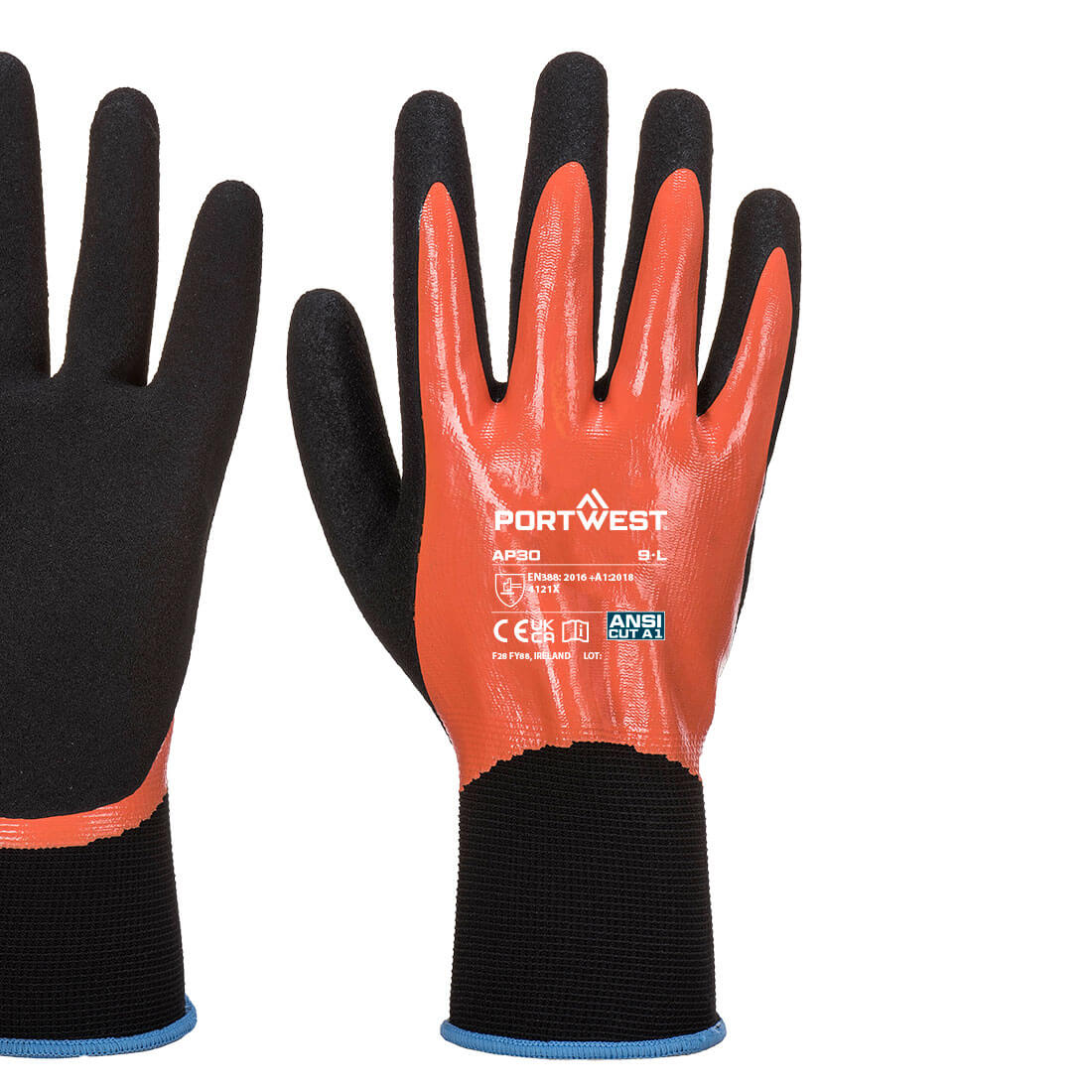Portwest AP30 Grip 13 Nitrile Foam Aqua Glove in Orange/Black, back view