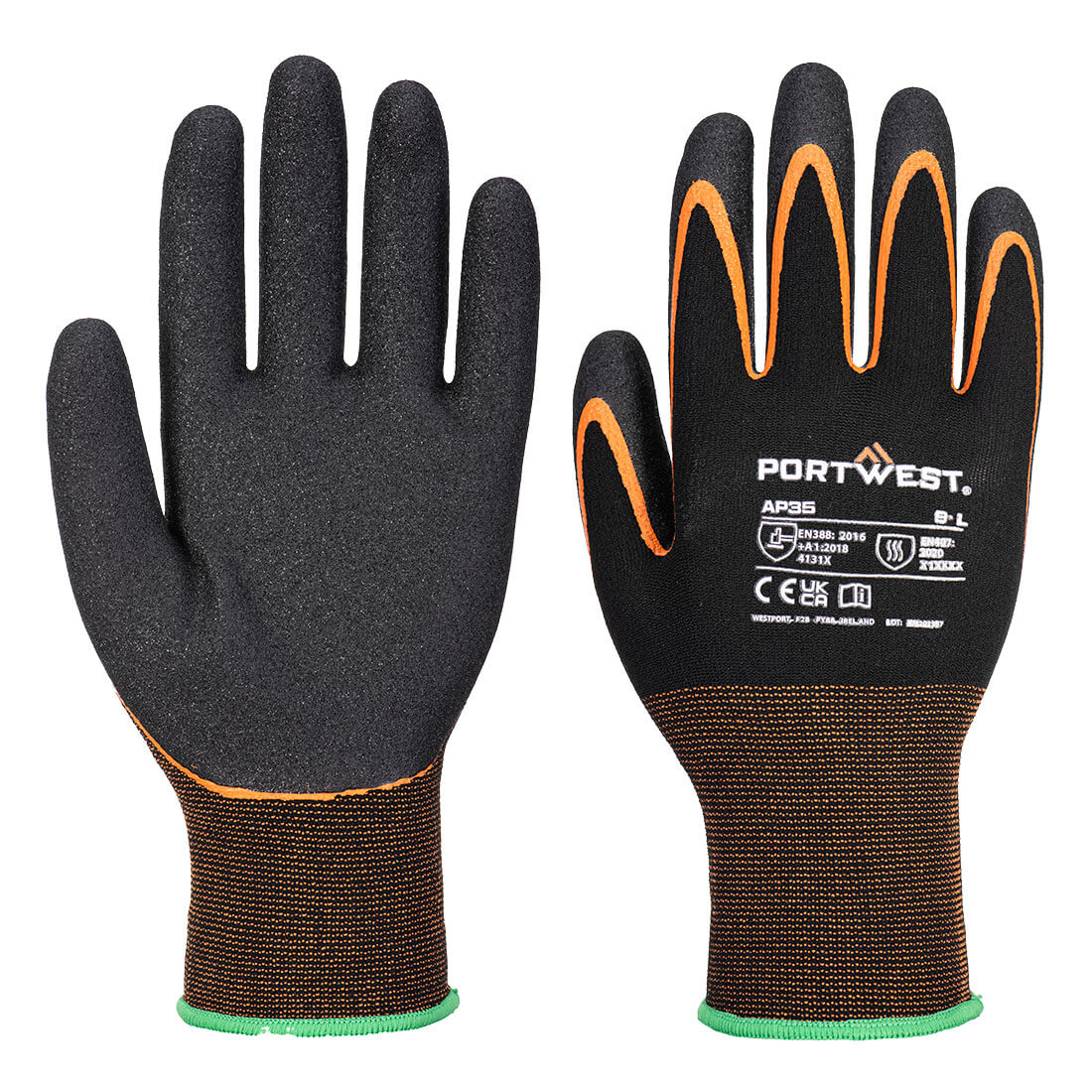 Portwest Grip 15 Nitrile Double Palm Glove in Black/Orange, main product image