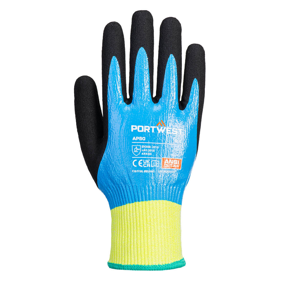 Portwest AP50 Cut D13 Nitrile Aqua Glove in Blue/Black, back view