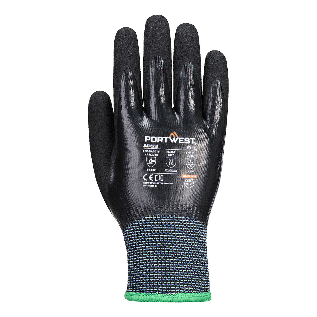 Portwest AP53 Cold F15 Nitrile Aqua Cut Glove in Black, back view
