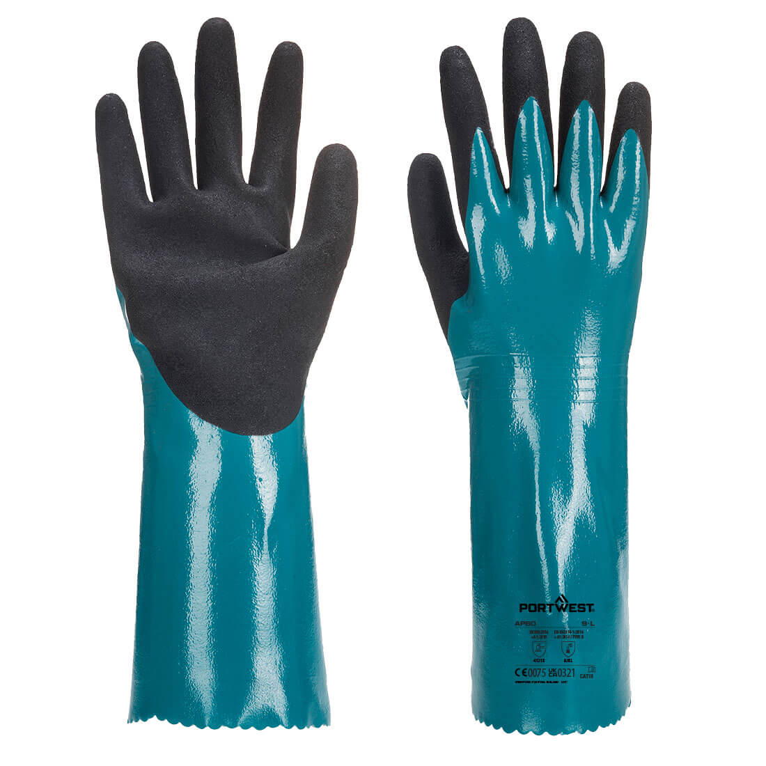 Portwest Chem 300 Nitrile Sandy Double Dipped Gauntlet in Blue/Black, main product image
