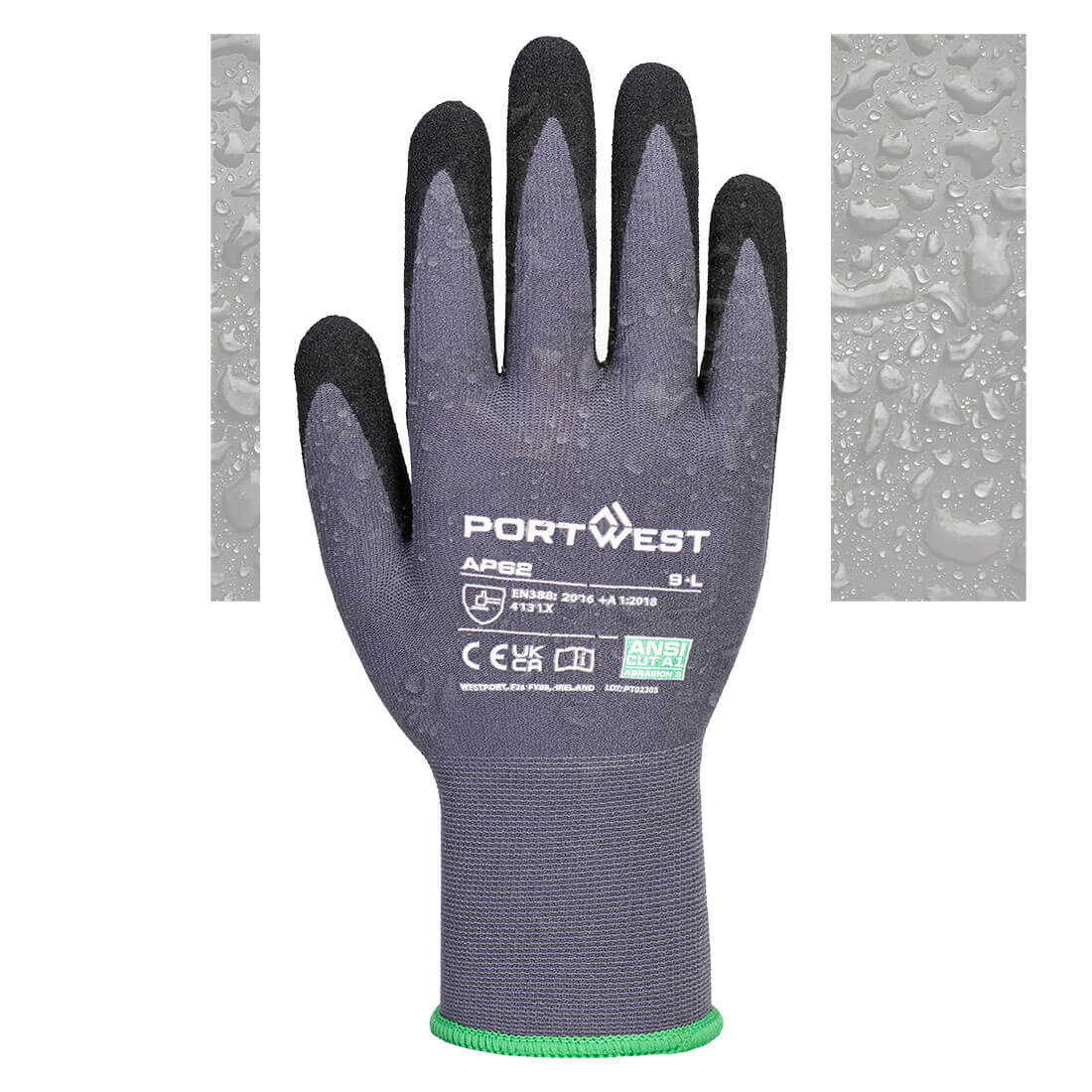 Portwest AP62 Grip 15 Nitrile Sandy Aqua Glove in Grey/Black, back view