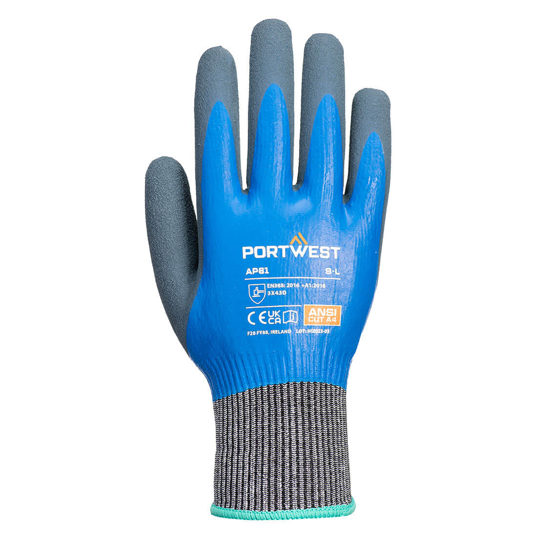 Portwest Cut D13 Latex Aqua Glove in Blue, main product image