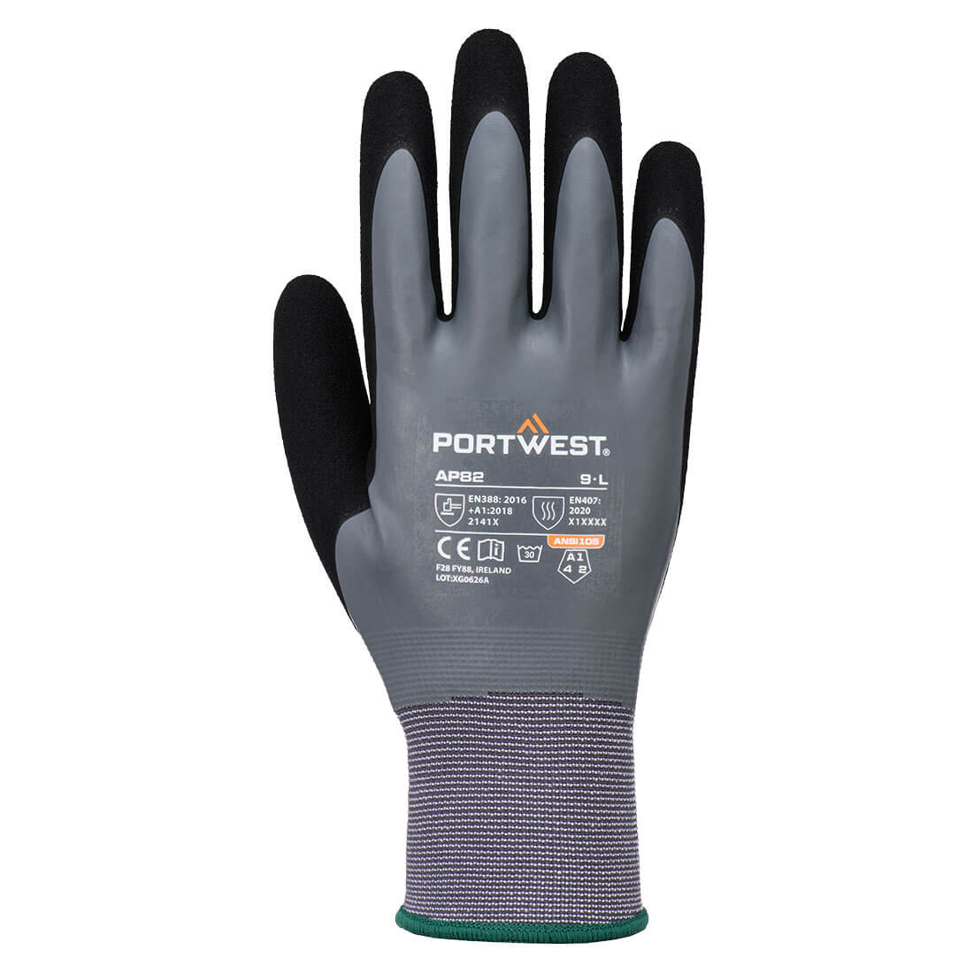 Portwest Grip 15 Latex Foam Touch Screen Glove in Grey/Black, main product image