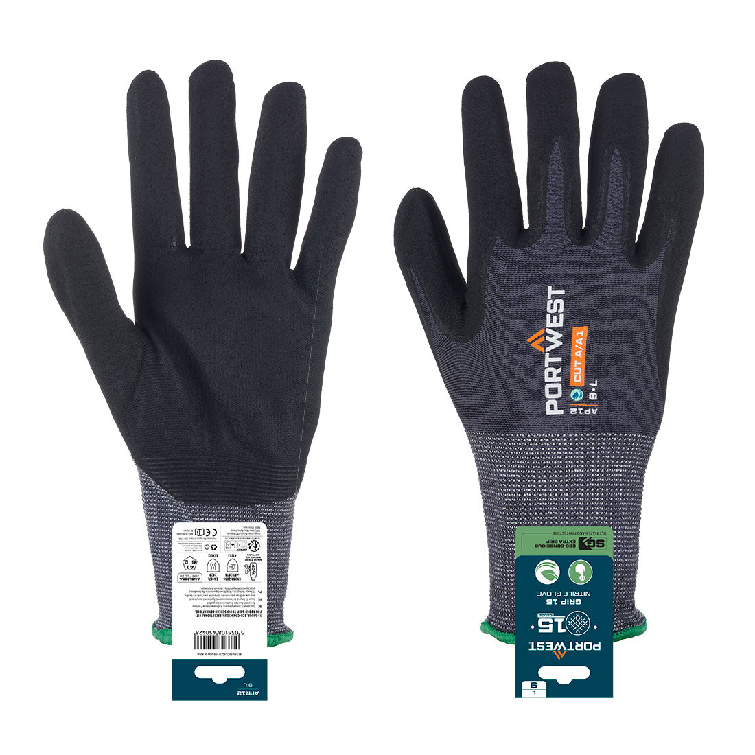 Portwest SG Grip 15 Nitrile Glove in Grey/Black, main product image