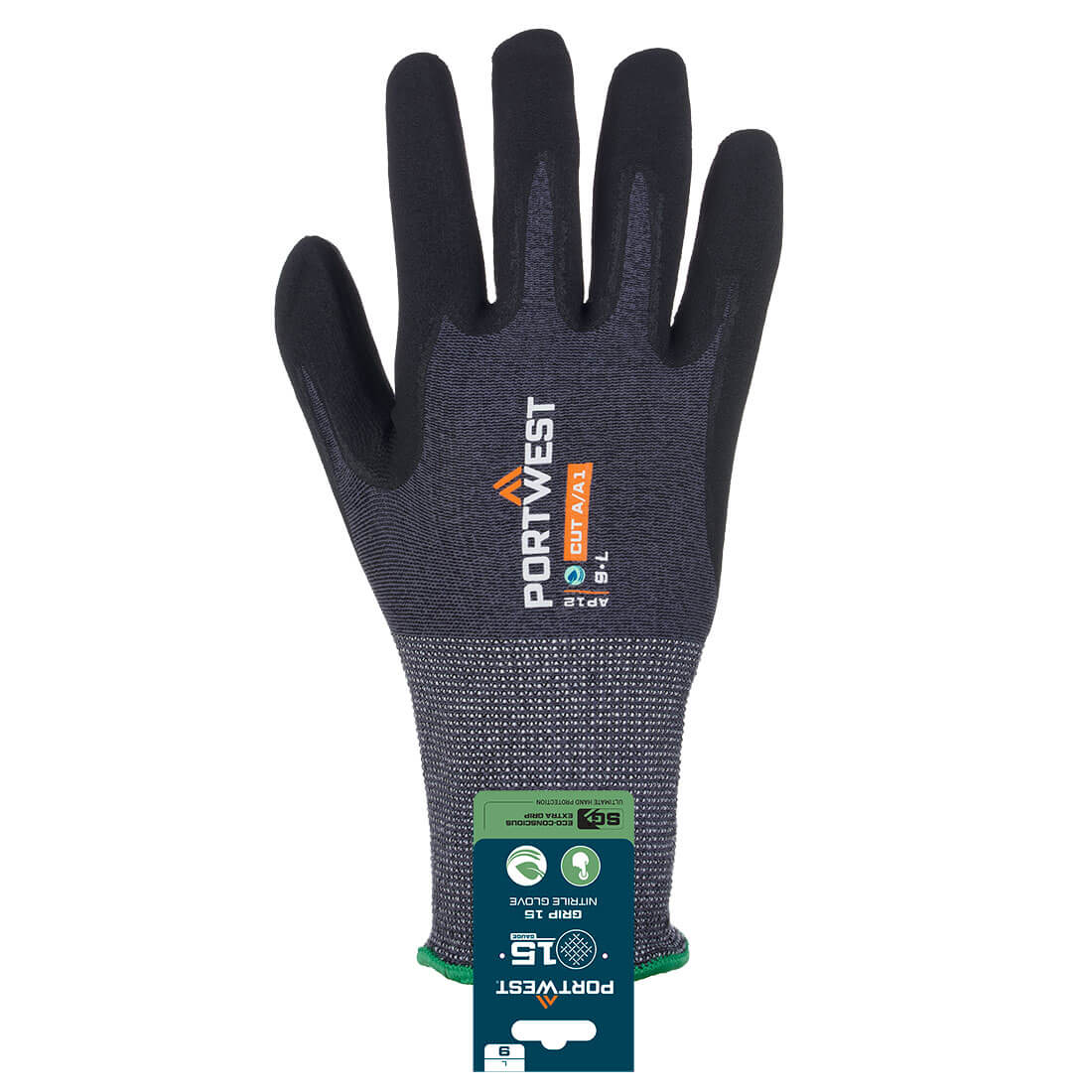 Portwest APR12 SG Grip 15 Nitrile Glove (Retail) in Grey/Black, back view