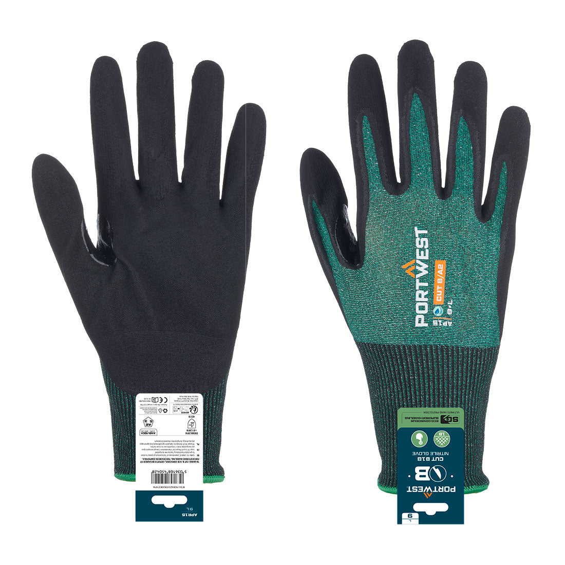 Portwest SG Cut B18 Nitrile Glove in Green/Black, main product image