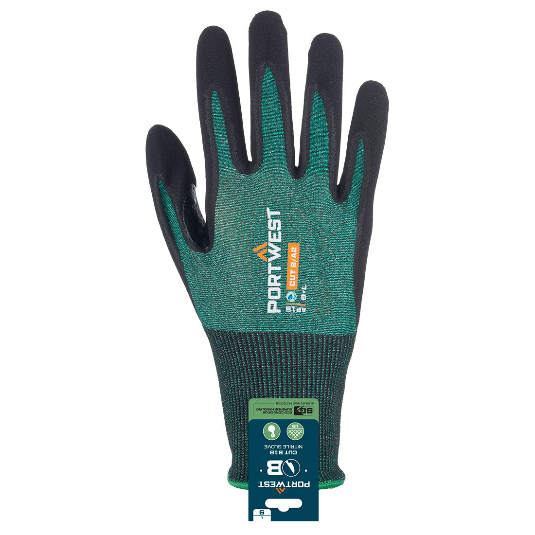 Portwest APR15 SG Cut B18 Nitrile Glove (Retail) in Green/Black, back view