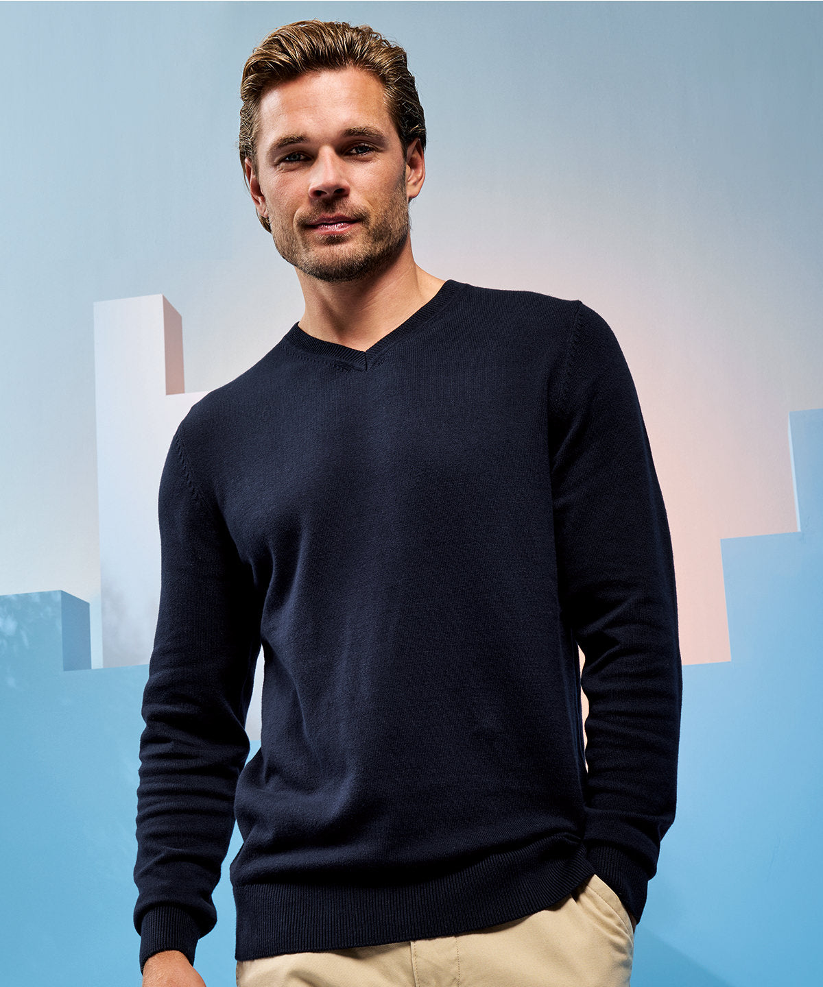 Asquith & Fox Men's cotton blend v-neck sweater, lifestyle photo
