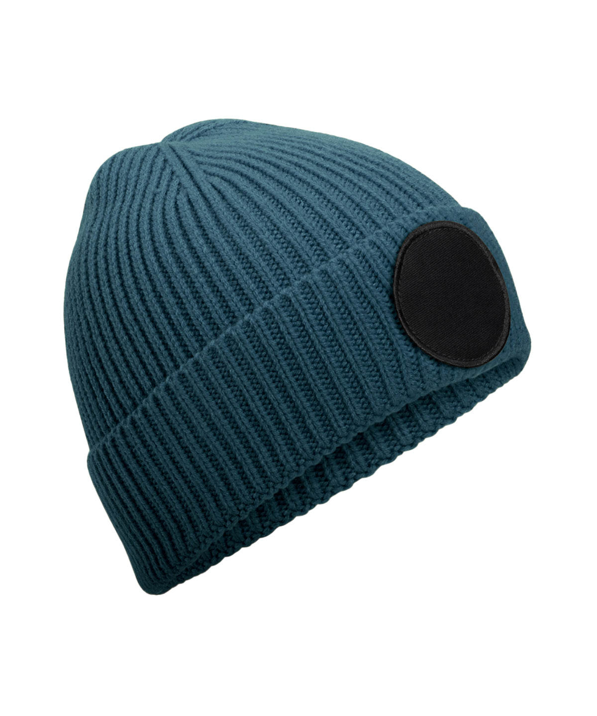 Beechfield Circular fashion patch beanie in Airforce Blue/Black, front view