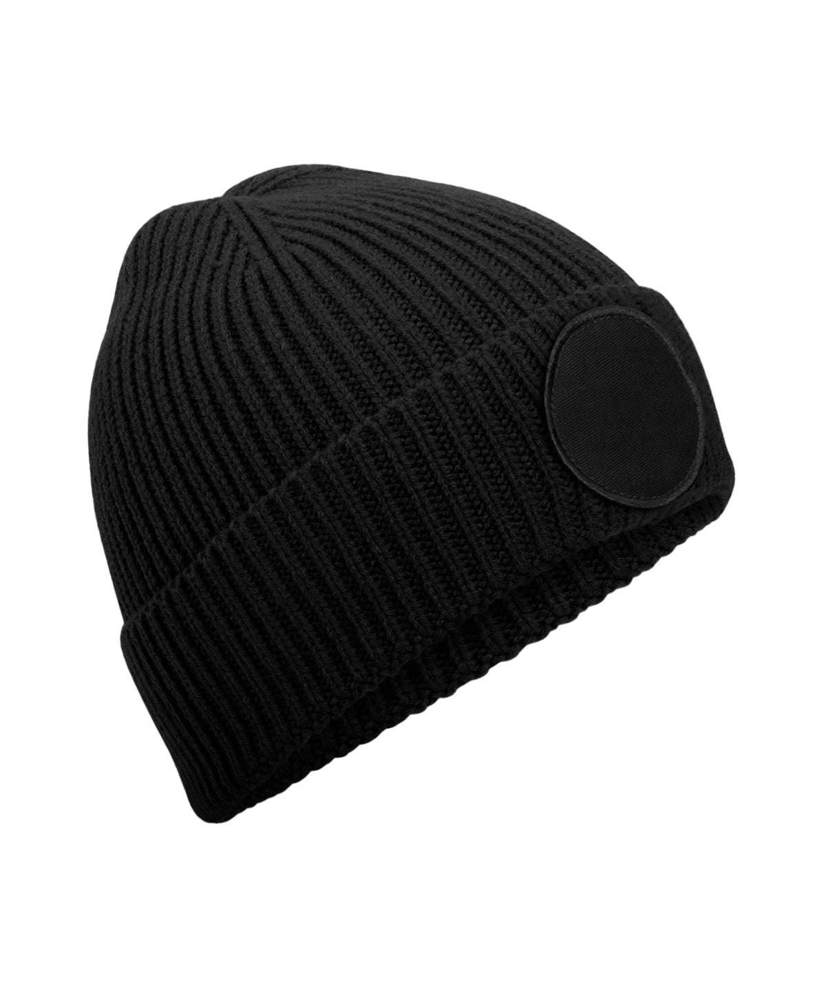 Beechfield Circular fashion patch beanie in Black, front view