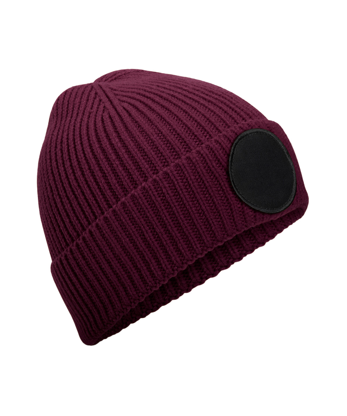 Beechfield Circular fashion patch beanie in Burgundy/Black, front view