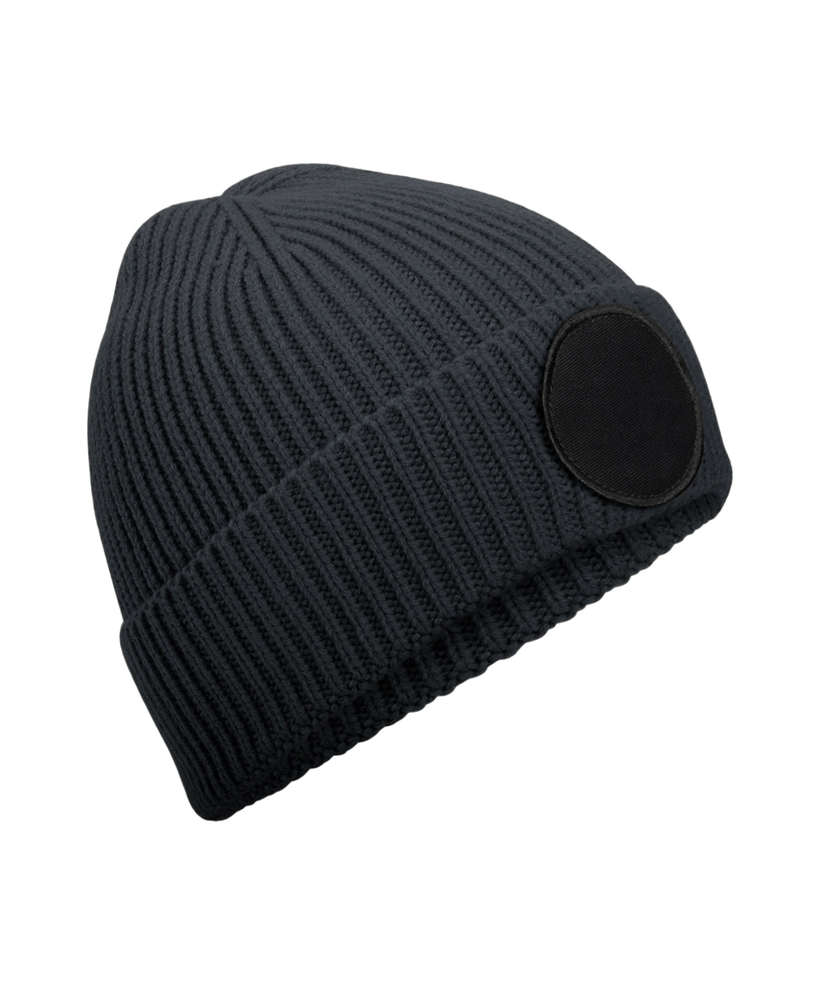 Beechfield Circular fashion patch beanie in Graphite Grey/Black, front view