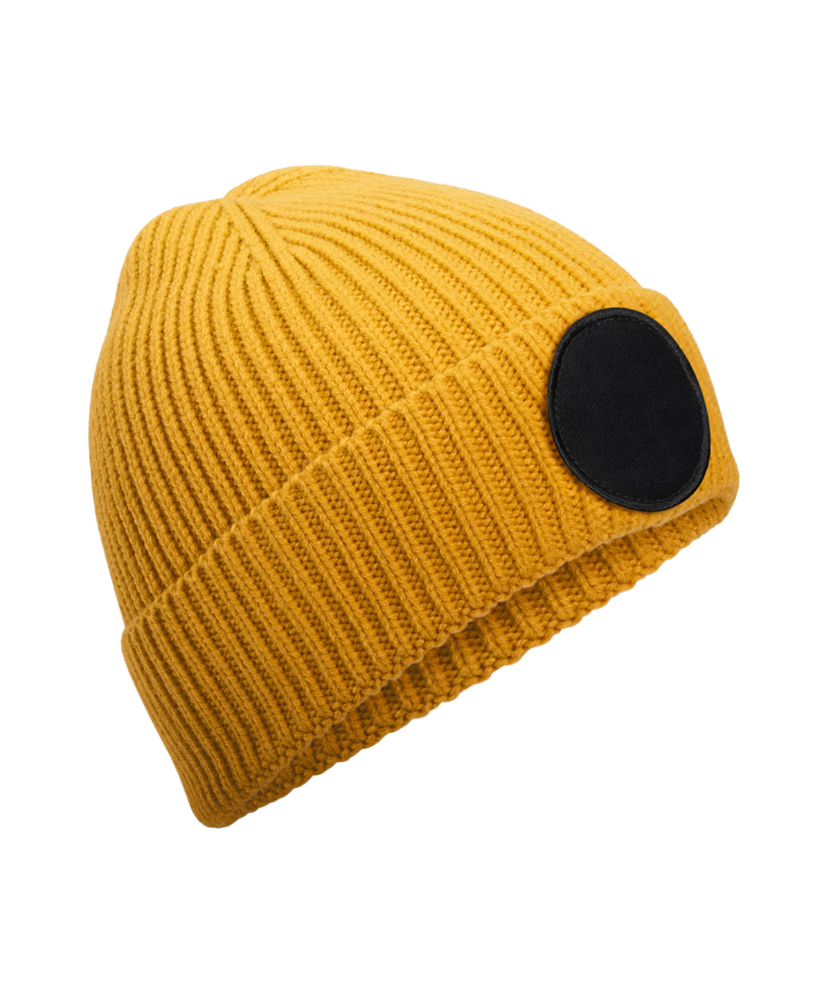 Beechfield Circular fashion patch beanie in Mustard/Black, front view
