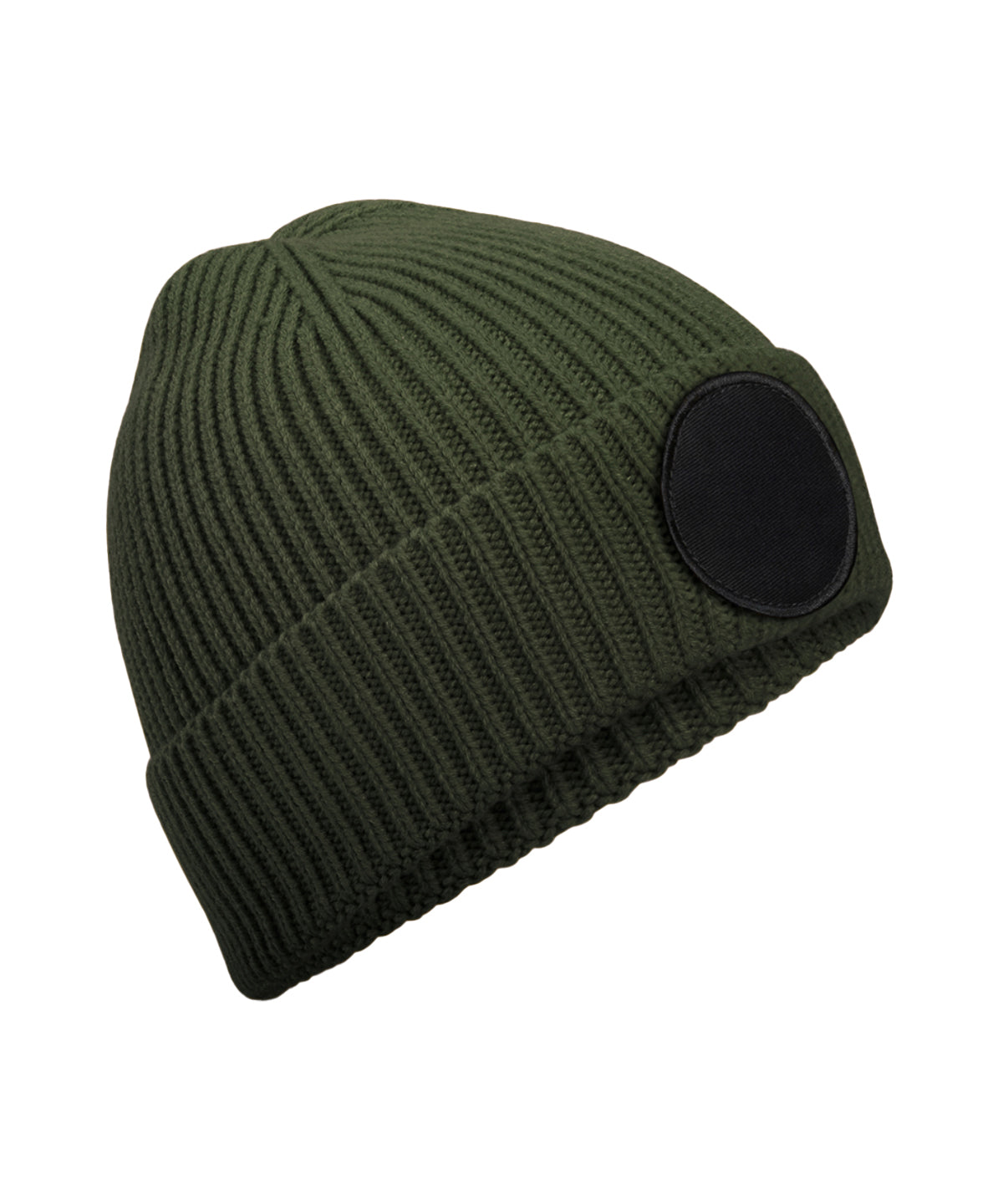 Beechfield Circular fashion patch beanie in Olive Green/Black, front view
