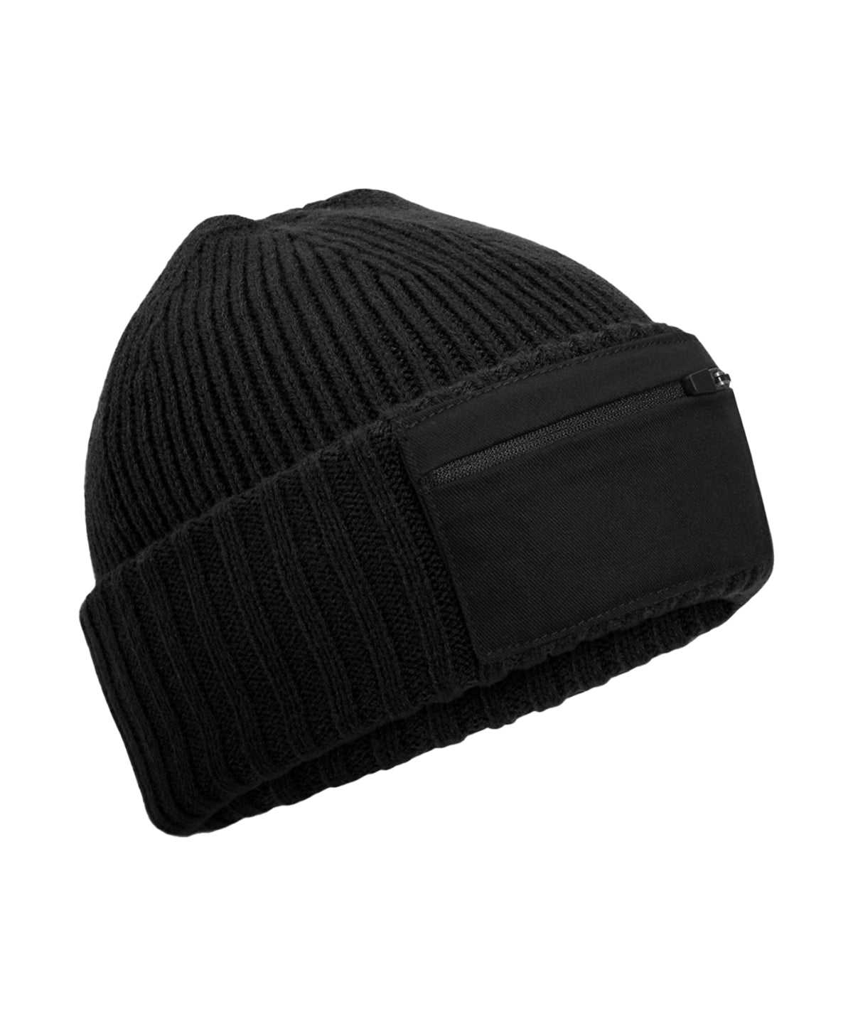 Beechfield Zip patch beanie in Black, front view