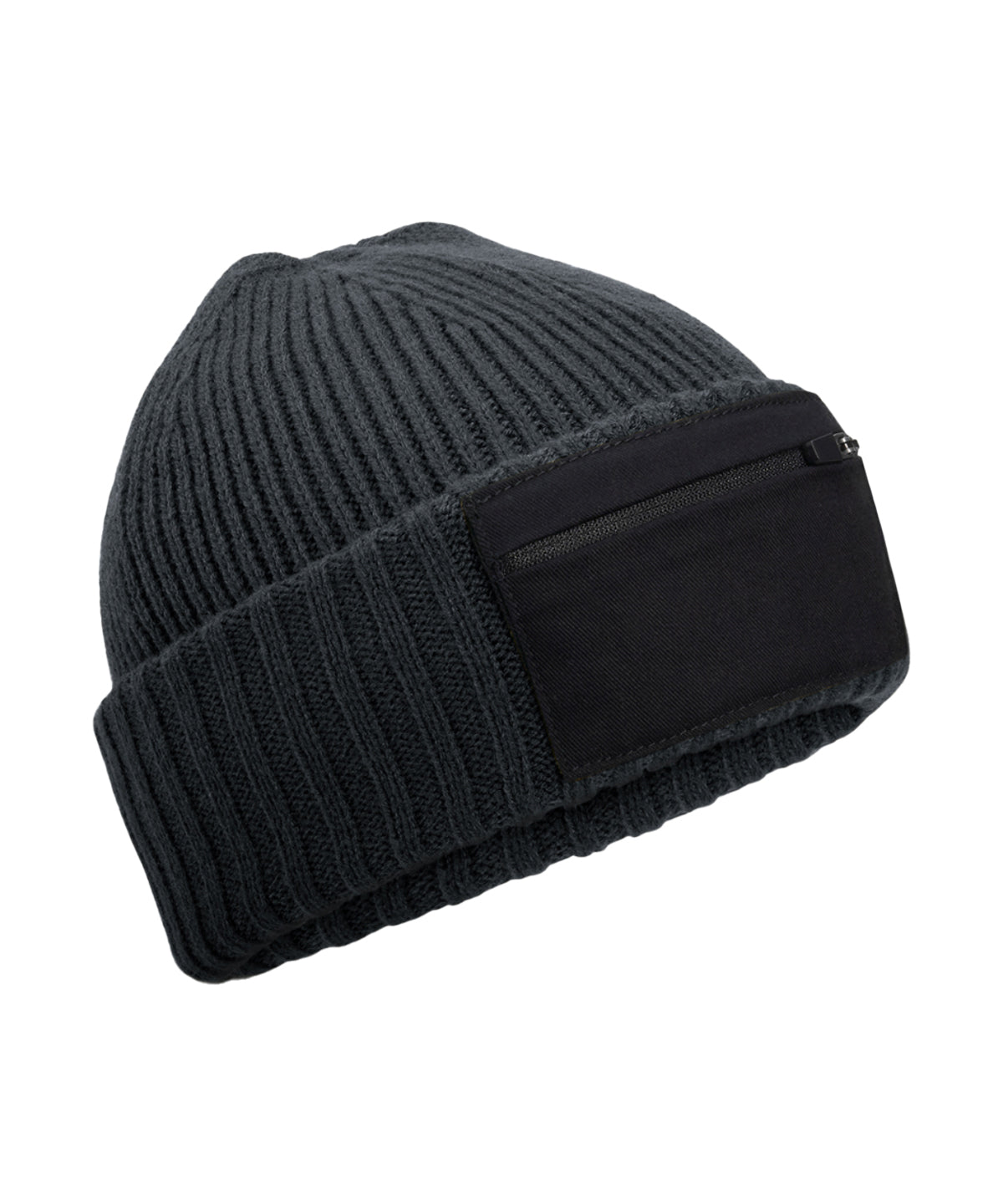 Beechfield Zip patch beanie in Graphite Grey/Black, front view
